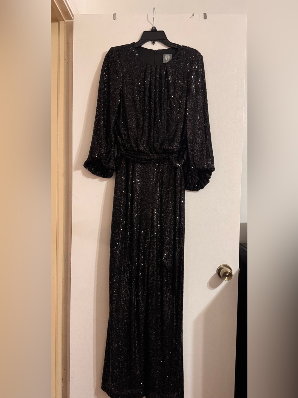 Vince Camuto Black Sequin Maxi Dress with Belted Waist